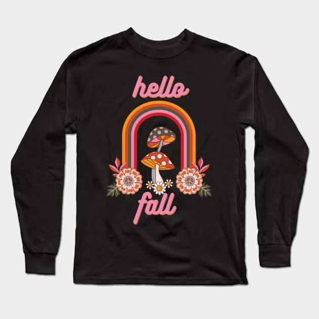 Hello Fall Retro Mushroom Design Long Sleeve T-Shirt by kuallidesigns